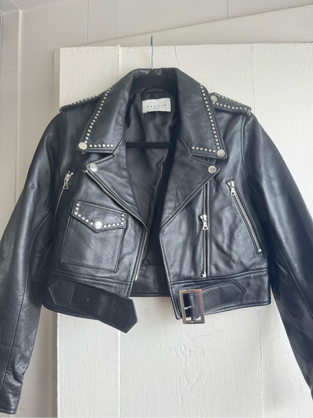 Sandro Black Studded Leather Biker Jacket